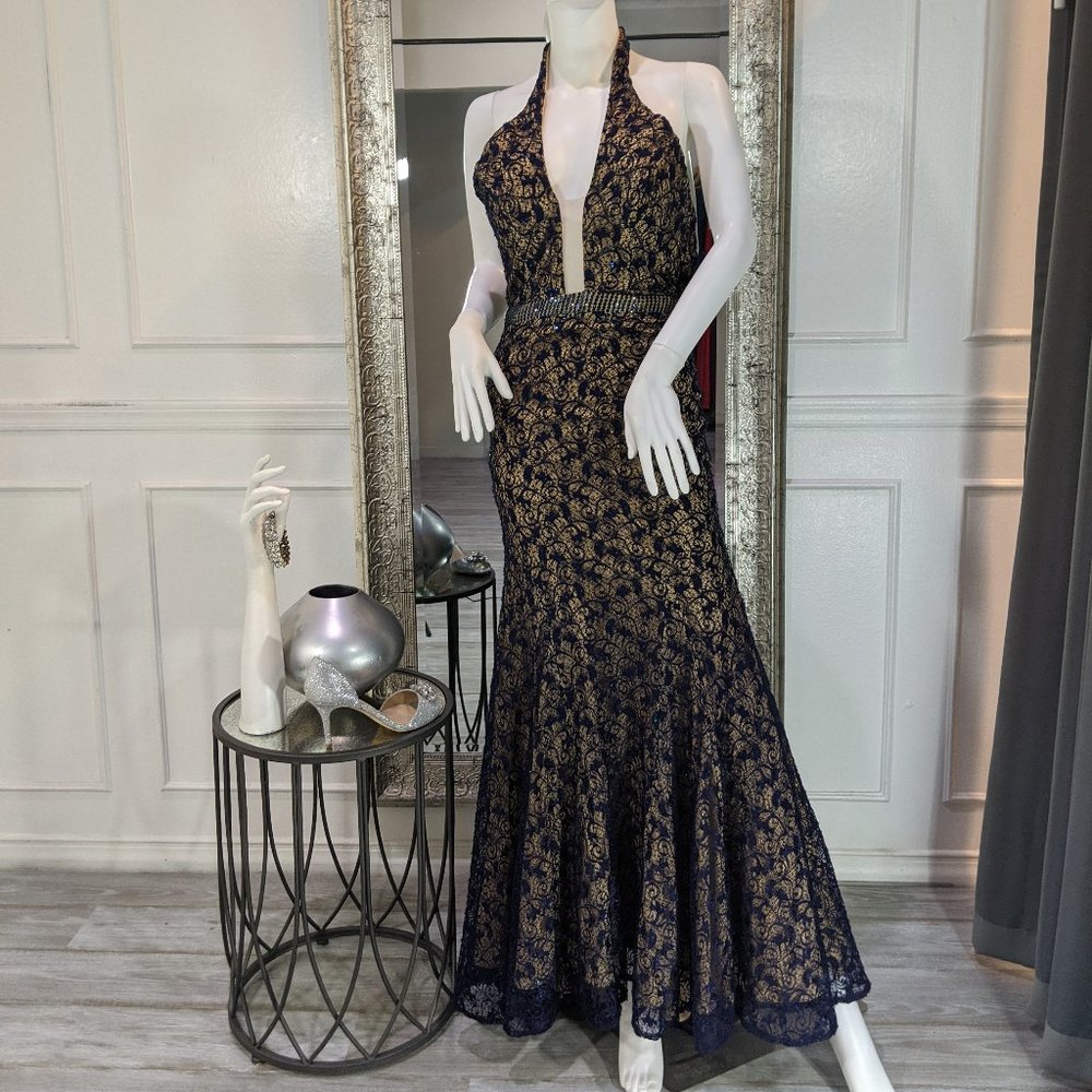 Navy Blue Nude Formal Evening Prom Dress Gown